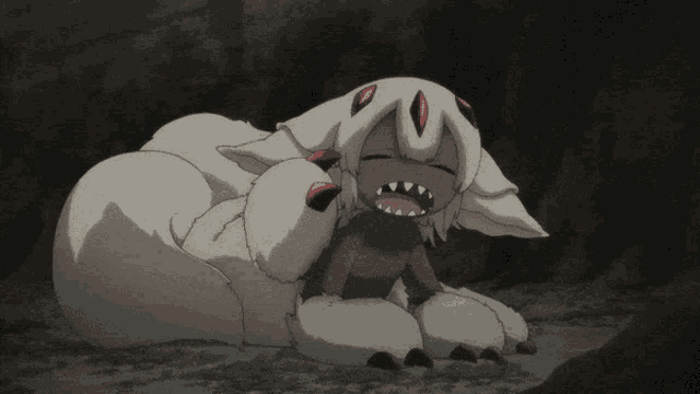 a white cartoon character with red eyes is laying on the ground