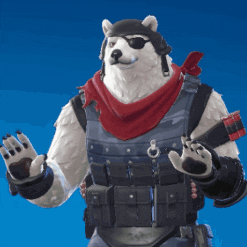 a polar bear wearing a helmet and scarf is waving