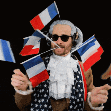 a man wearing a wig and sunglasses is holding a french flag in his mouth
