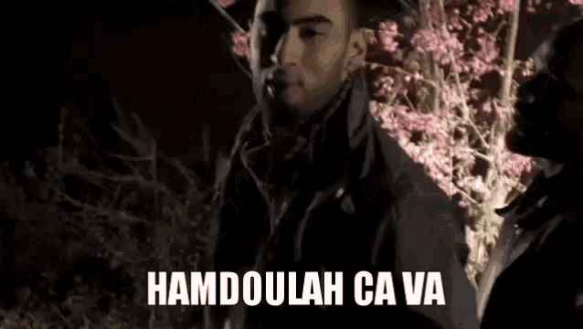 a man with a beard is standing in front of a tree with pink flowers and says hamdoullah ca va .
