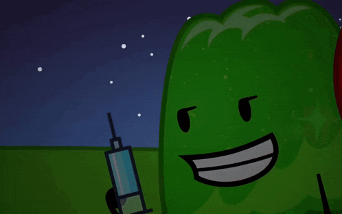 two cartoon characters are standing next to each other and one has a syringe in his mouth
