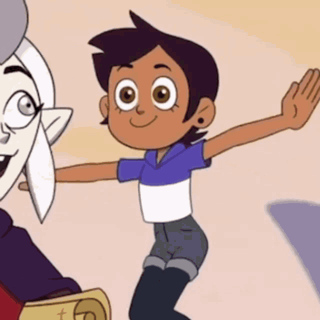 luz from the owl house is standing next to a cartoon character and giving a high five .