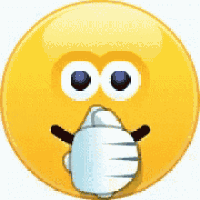 a smiley face with blue eyes and white gloves