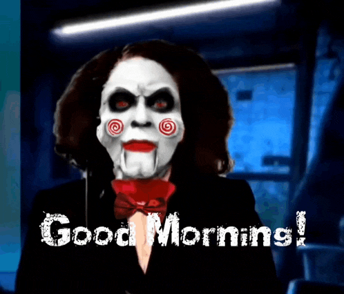 a picture of a puppet with the words good morning on it