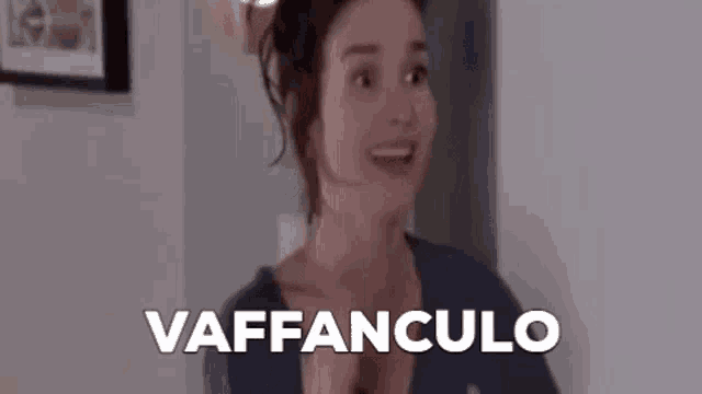 a woman is making a funny face while standing in a room with the word vaffanculo written on the bottom .