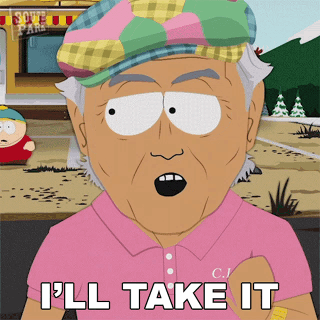 a cartoon character says " i 'll take it " while wearing a pink shirt