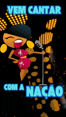 a cartoon character singing into a microphone with the words vem cantar music below her