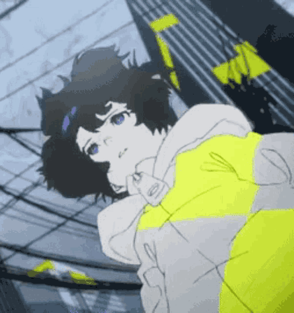 a drawing of a girl wearing a yellow and grey jacket