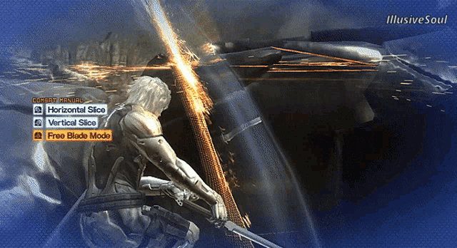 a video game screen shows a man holding a sword and says horizontal slice vertical slice free blade mode