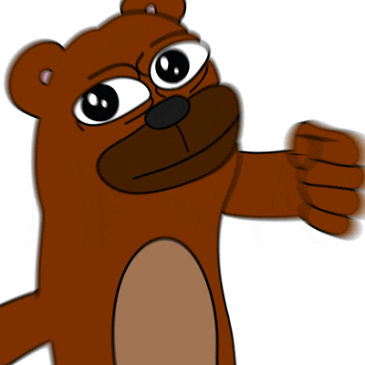 a brown teddy bear is making a funny face with his fist in the air