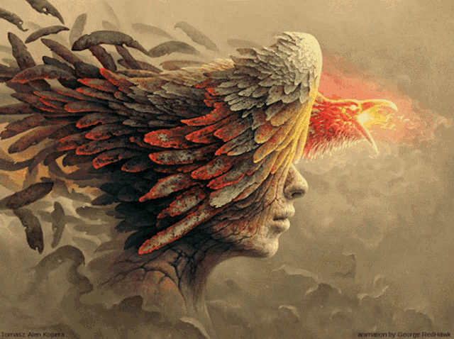 a painting of a woman with a bird on her head by tomasz aen kogera