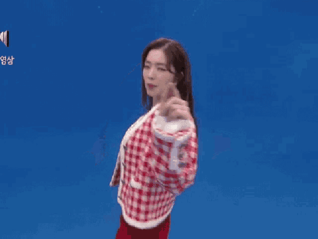 a woman wearing a red and white plaid jacket is taking a selfie .