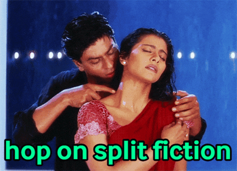 a picture of a man touching a woman 's neck with the caption " hop on split fiction "