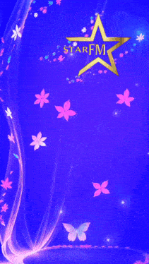 a blue background with flowers and a star that says ' star fm '