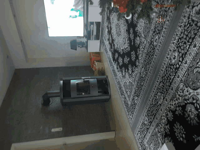 a black and white rug in a living room with a stove