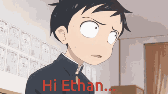 a cartoon of a boy says hi ethan in red