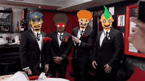 a group of men in tuxedos with pixelated faces
