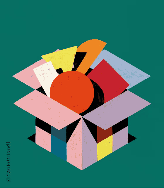 a drawing of a box with geometric shapes on a green background with the name daniel on the bottom
