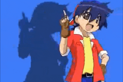 a boy in a red shirt and yellow shirt is standing in front of a blue background and pointing up .