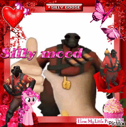 a picture of a silly goose giving a thumbs up with pink butterflies