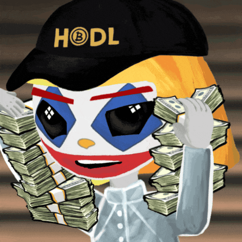 a cartoon character wearing a hodl hat holds stacks of money