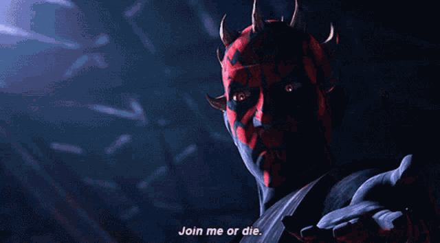 a man with horns on his head says join me or die