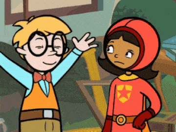 a boy and a girl are talking in a cartoon