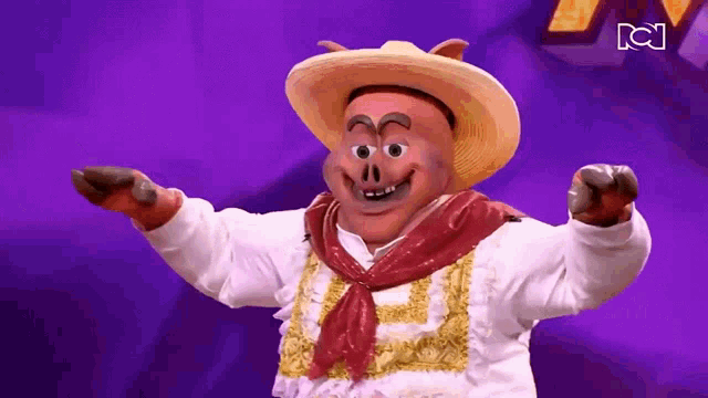 a cartoon pig is wearing a straw hat and a red scarf