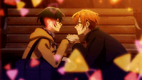 a couple of anime characters are holding hands on a bench
