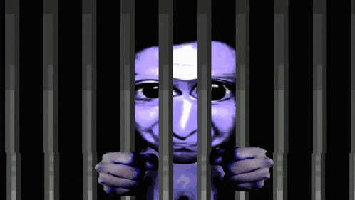 a blue face is behind bars in a dark prison cell