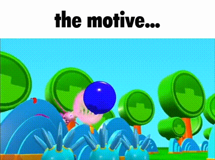 a cartoon scene with trees and a blue balloon in the middle of it .