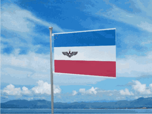 a flag with a bird on it is flying in the wind