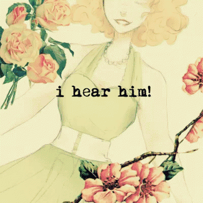 a drawing of a woman with flowers and the words " i hear him " on the bottom