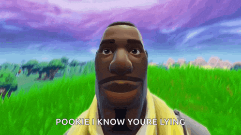 a cartoon character is standing in a field and says pookie i know you 're lying