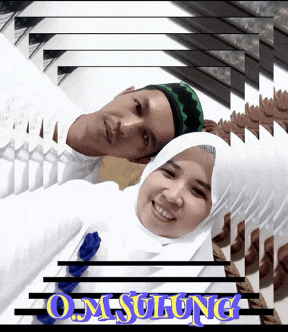 a man and a woman are posing for a picture with the name om sulung written in blue