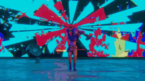 a woman dancing in front of a colorful background
