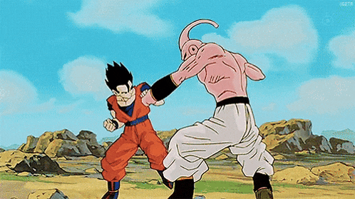 a cartoon of goku and buu fighting each other in a field