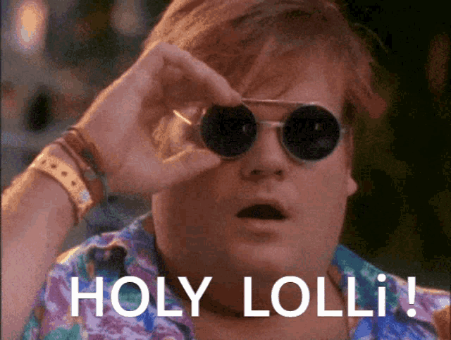 a man wearing sunglasses says " holy lolli " on the bottom