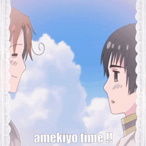 two anime characters looking at each other with the words amekiyo time written on the bottom