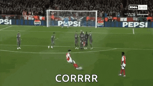 a soccer player kicking a ball with the word corrr written below him