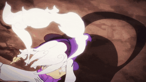 a cartoon drawing of a person with a purple hat and white hair