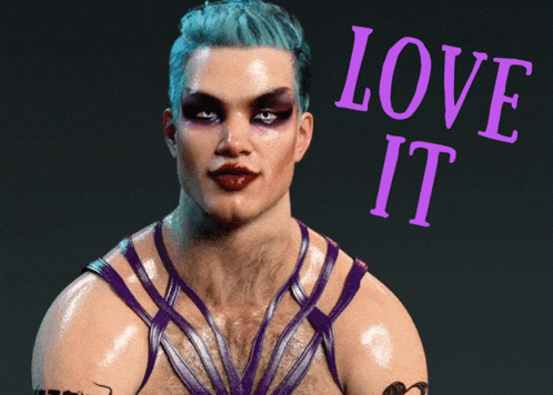 a man with blue hair has the words love it on the bottom