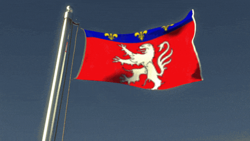 a red blue and yellow flag with a white lion on it