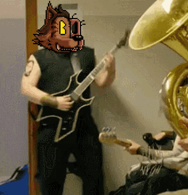 a pixel art of a man playing a guitar