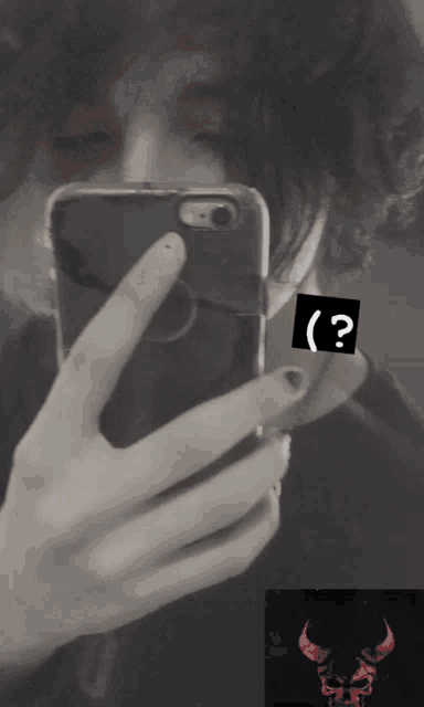 a person taking a picture of themselves with a smiley face and a question mark