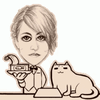 a drawing of a woman holding a can of sardines and a cat .