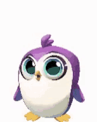 a purple and white penguin with big eyes and a yellow beak .