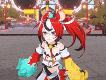 a girl with red hair and a key in her hand stands in front of an amusement park