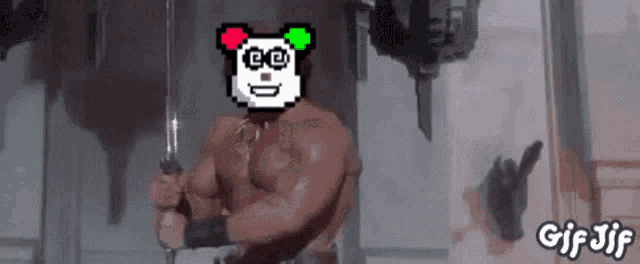 a gif of a muscular man holding a sword with a panda on his face