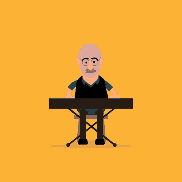 a man with glasses and a mustache sits at a keyboard on a yellow background